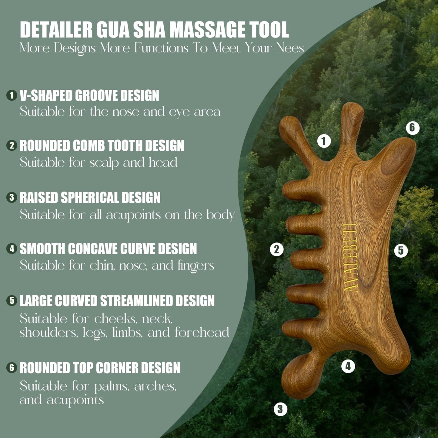 AVALEBETI 6-in-1 Gua Sha Tool for Face & Body, Natural Sandalwood – Lymphatic Drainage, Jaw Lifting & Nose Sculpting, Head Scalp Massage Comb for Stress Relief, Home Office Self Care Gifts for Women