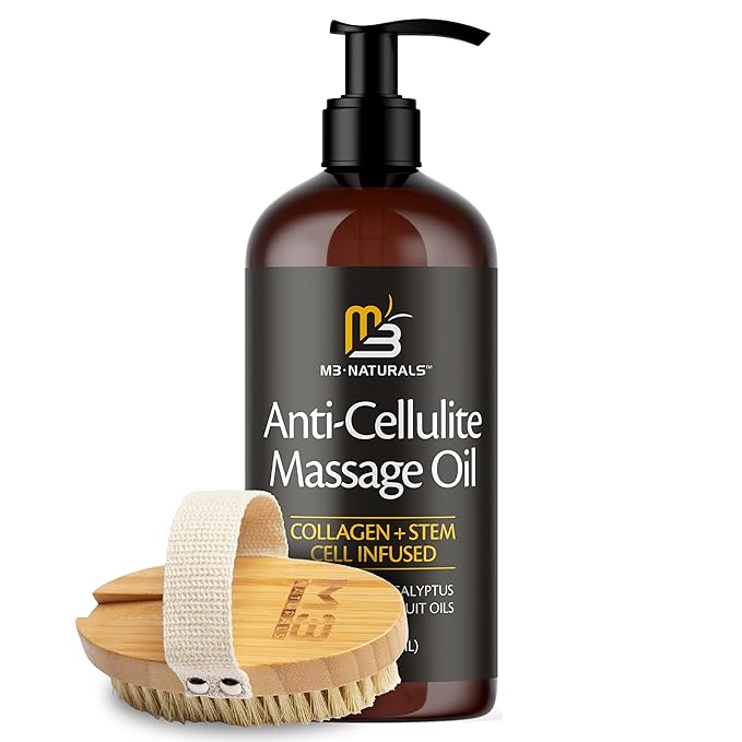 Anti Cellulite Massage Oil and Firm Dry Brush Kit | Collagen & Stem Cell Skin Tightening Kit | Radiant Body Care Kit for Women by M3 Naturals