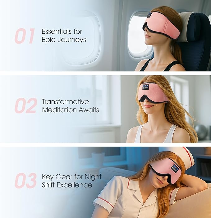 ZUMUSEN Bluetooth Sleep Headphones, 3D Wireless Music Eye Mask with Ultra-Thin Stereo Speakers, Adjustable Sleep Mask for Side Sleepers, Perfect for Travel, Meditation, Relaxation