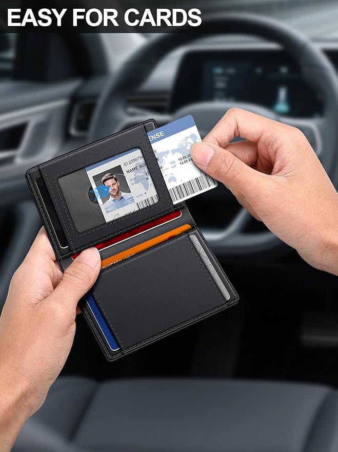 Wallet for Men Slim Leather Wallets for 9-13 Cards, RFID Blocking Thin Card Holder Wallet with ID Window & Stretchable Cash Slot, Minimalist Bifold Small Wallet for Front Pocket, Birthday Gift for Men