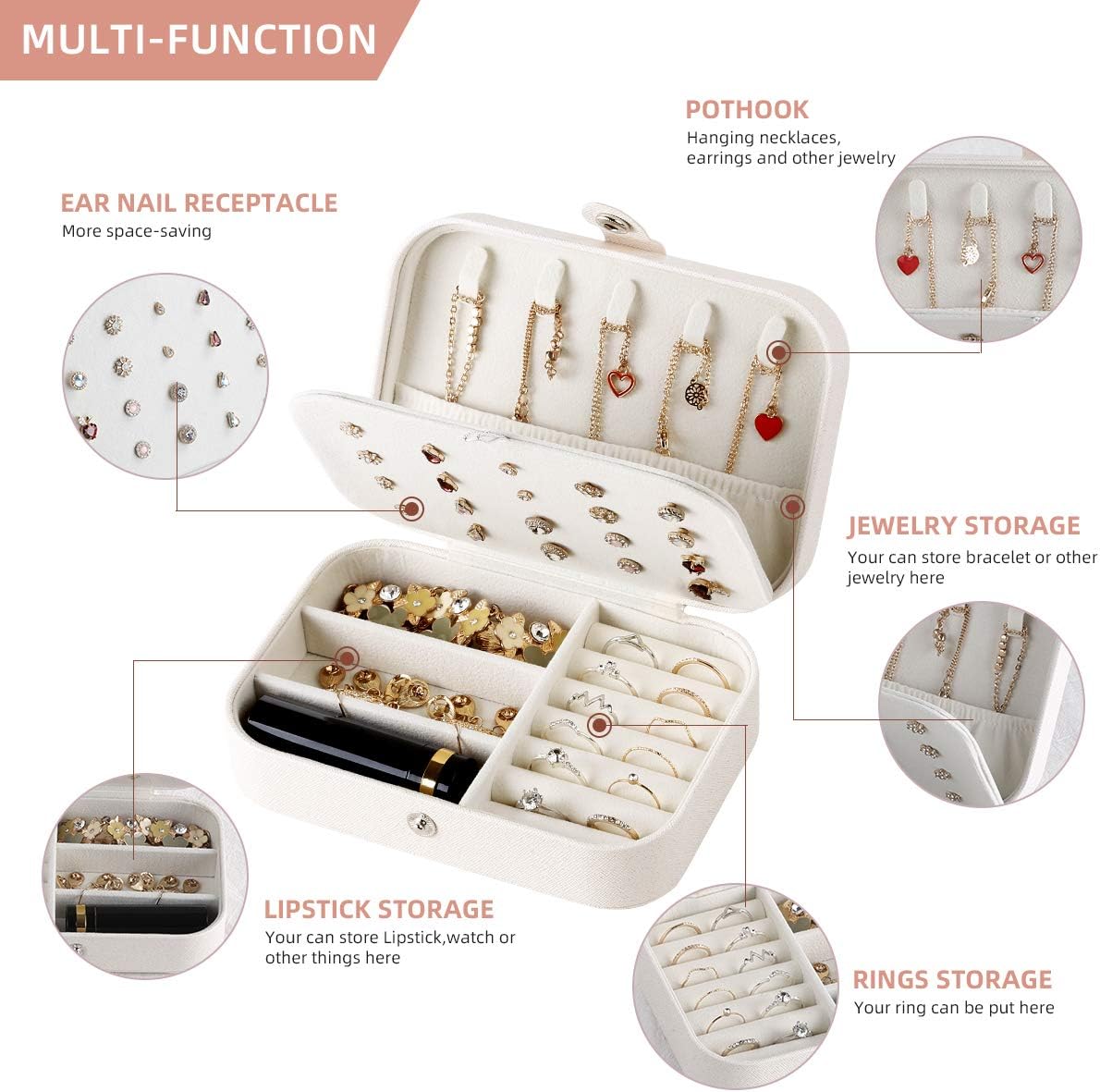 CASEGRACE Jewelry Box For Women Travel Jewelry Organizer Double Layer for Necklace Earring Rings Jewelry Holder Case