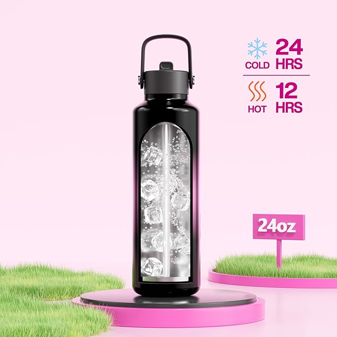 24 oz Water Bottle with Straw for Travel: Cold for 24 Hrs, Hot for 10 Hrs, Lightweight, Flex Cap, Double Walled Vacuum Insulated Thermos for Traveler, Runner, Adventure, Fitness, Trekking (Neon Night)