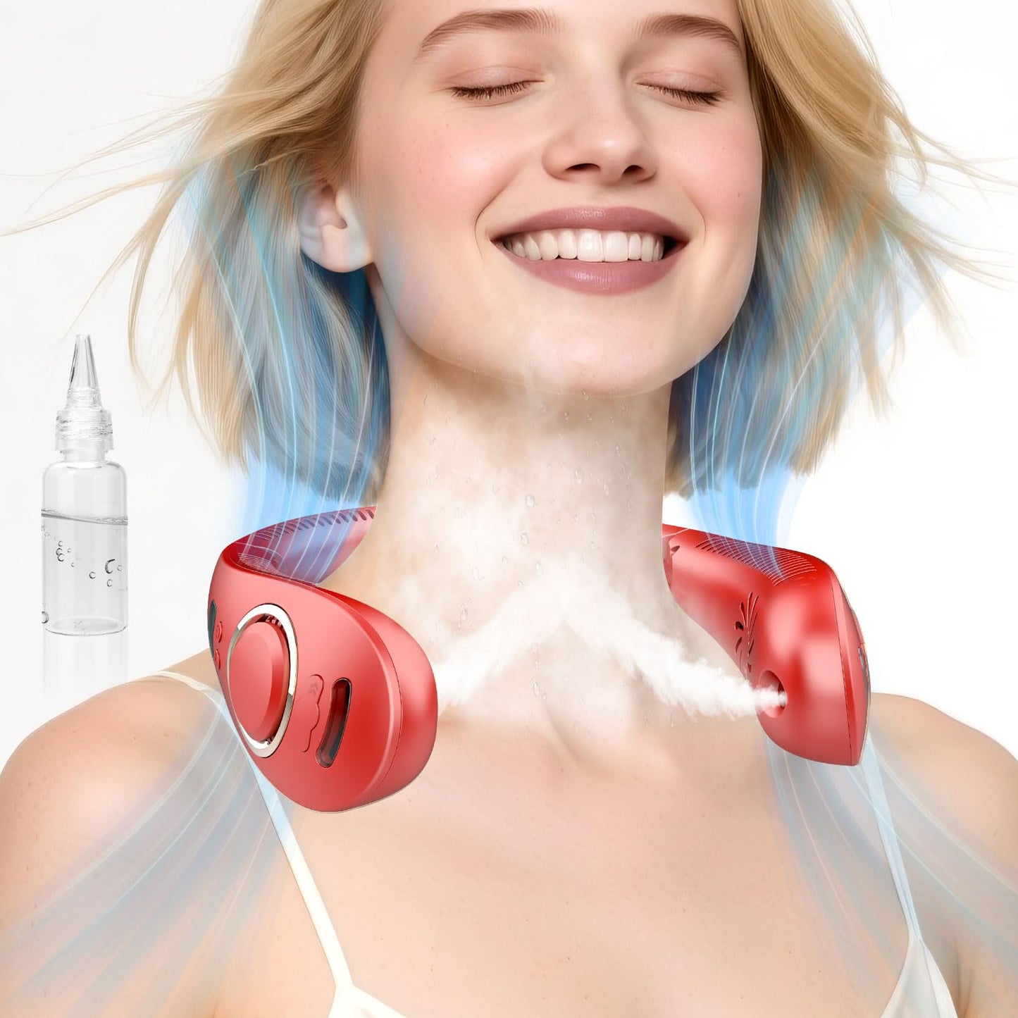 Portable Neck Fan with Mister,Hands Free Bladeless Neck Fan with LED Display&4 Fan Speeds, Neck AC Fan with Water Mist,Foldaway Face Fan with Mist Birthday Gifts for Women Men Adult Girl Boy Teen Red