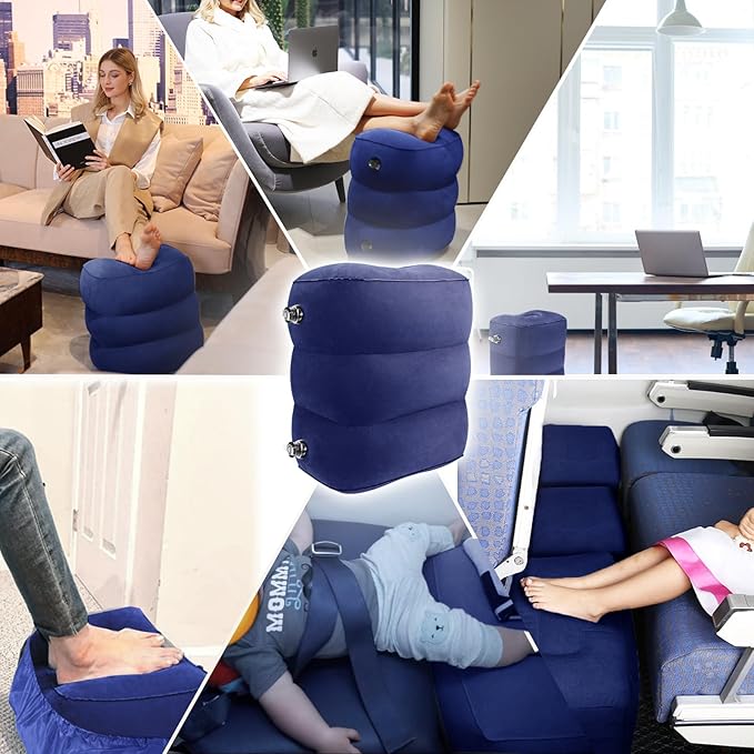 HOMCA Inflatable Travel Foot Rest Pillow, Adjustable Height Leg Pillow，Fast Inflating Airplane Bed for Toddlers，Footrest Pillow for Office, Airplane，Train，Cars，Home (Blue)