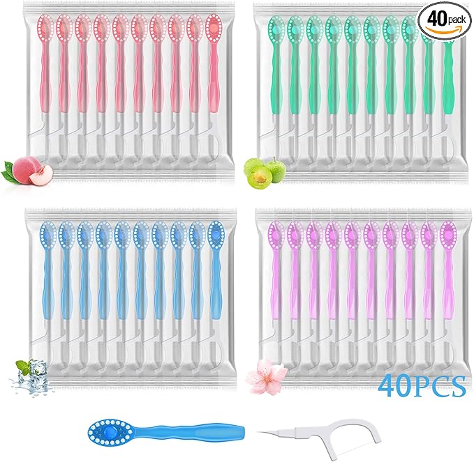 40pcs 5 in 1 Disposable Mini Toothbrush with Toothpaste + Floss + Pick + Tongue Scraper | Travel Size | Individually Wrapped | Soft | Mint | Travel Set | Oral Care (4)