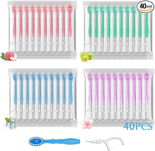 40pcs 5 in 1 Disposable Mini Toothbrush with Toothpaste + Floss + Pick + Tongue Scraper | Travel Size | Individually Wrapped | Soft | Mint | Travel Set | Oral Care (4)