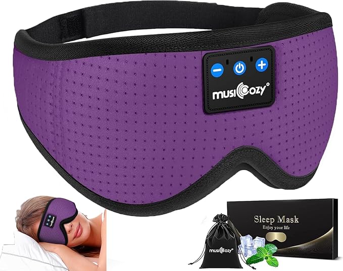 MUSICOZY Sleep Headphones Wireless Mask 3D Sleeping Eye Mask, Music Headband Headphones Sleep Earbuds Earphones for Side Sleeper Sleep Silk Eye Mask Cool Gadget Holiday for Mom Women(Purple+Black)