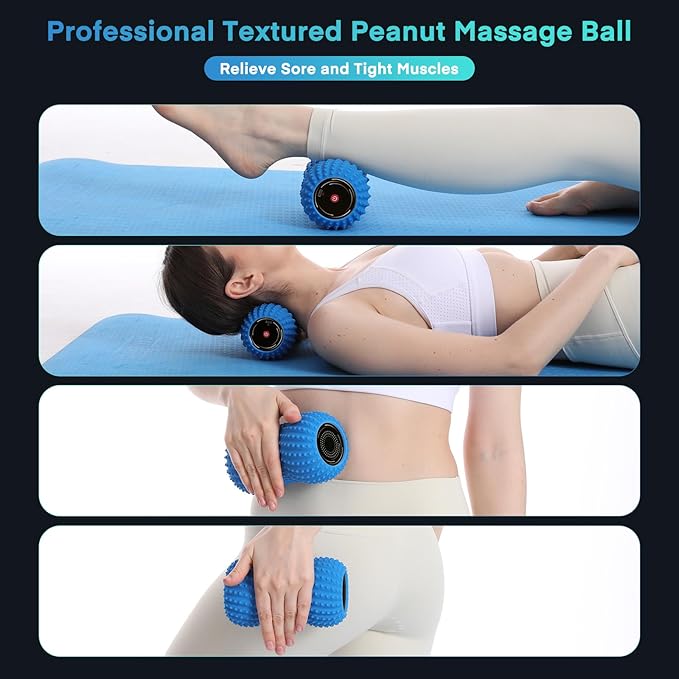 2 in 1 Vibrating Peanut Massage Ball with 6 Massaging Modes, Rechargeable Vibrating Massage Yoga Roller Ball for Muscle Recovery, Blue
