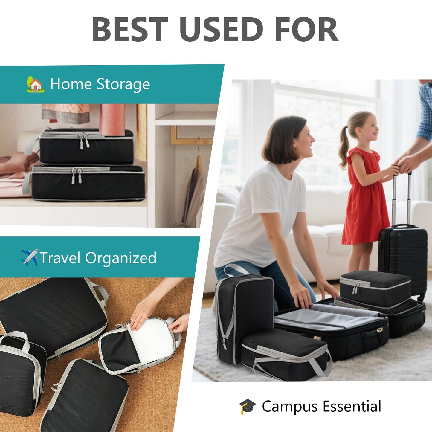 Compression Packing Cubes for Travel, 4 Set Suitcase Organizer Bags for Luggage, Lightweight Luggage Organizer Bags, Travel Cubes for Carry on，Black