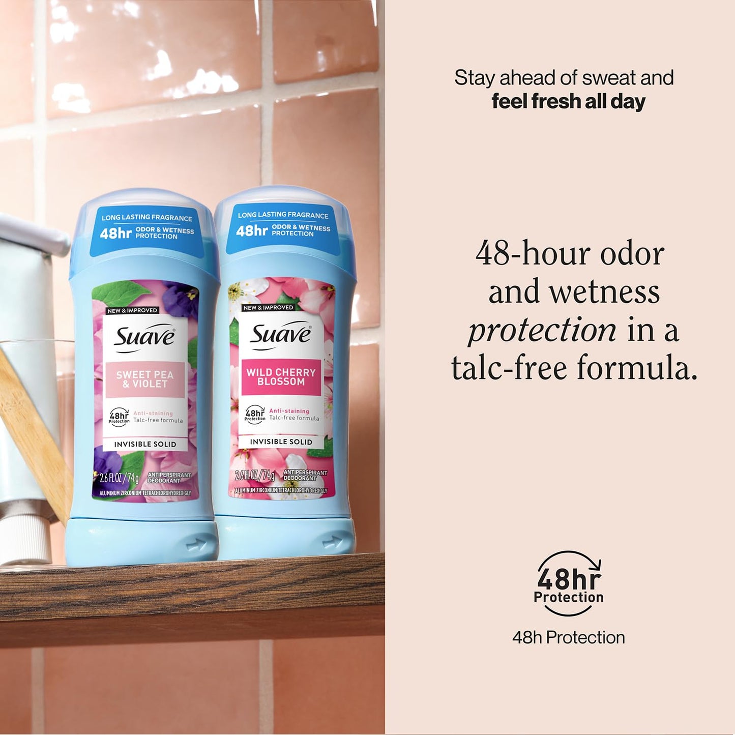 Suave Antiperspirant Deodorant for Women, Wild Cherry Blossom + Sweet Pea & Violet Variety 4-Pack – Anti-Staining Invisible Solid Sticks, Talc-Free, 2.6 Oz Ea