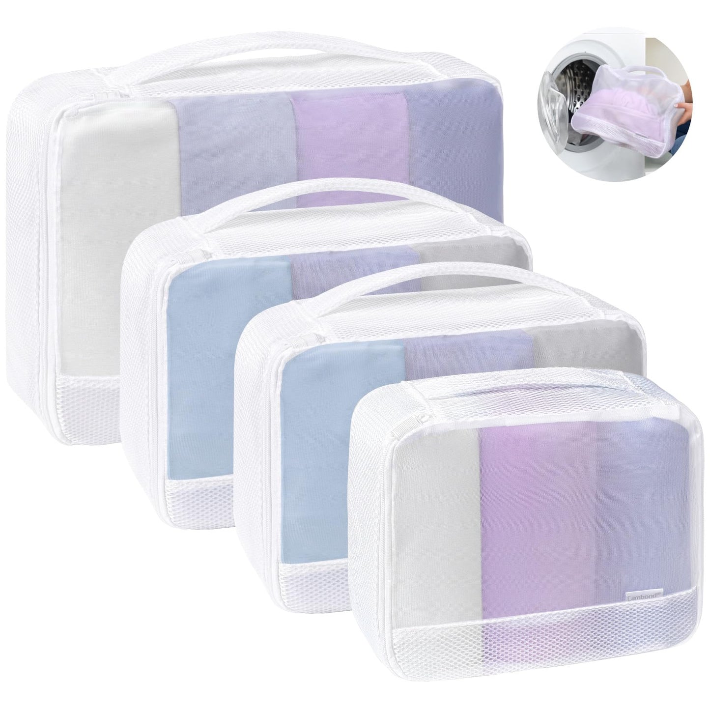 Cambond Machine Washable Mesh Packing Cubes Laundry Bag - 4 Set See Through Packing Cubes for Travel Women, Lightweight Dual-Use Mesh Laundry Wash Bags Luggage Organizer Bags Travel Cubes for Packing