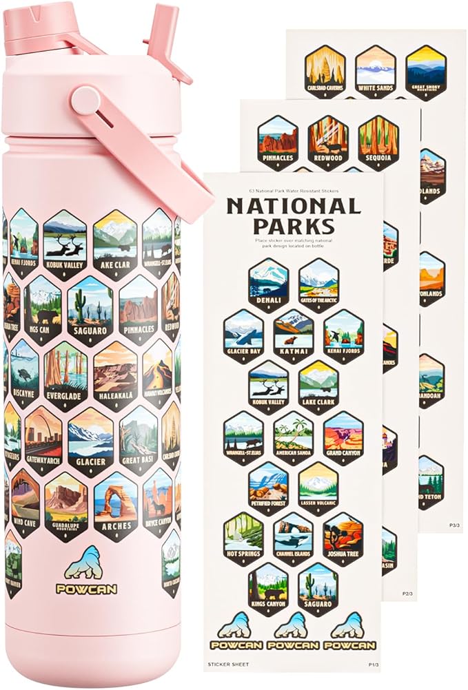26 oz National Parks Water Bottle with Waterproof Stickers: 2-in-1 Straw Spout Lid, Keep Cold 24H, Leakproof, Car CupHolder Friendly, Insulated Stainless Steel Cup for Travel, Sports, School (Pink)