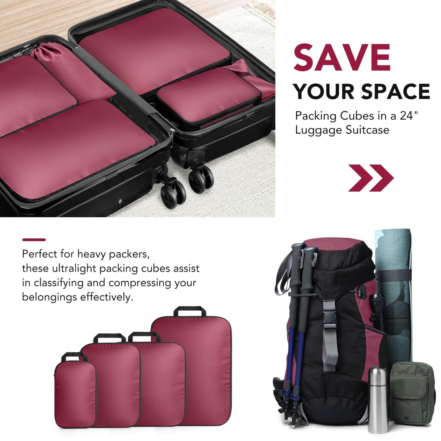 Sowgnaw 4PCS Red Polyester Packing Cubes for Travel, Lightweight Compression Travel Bags - Luggage Suitcase Organizer with Zipper Closure