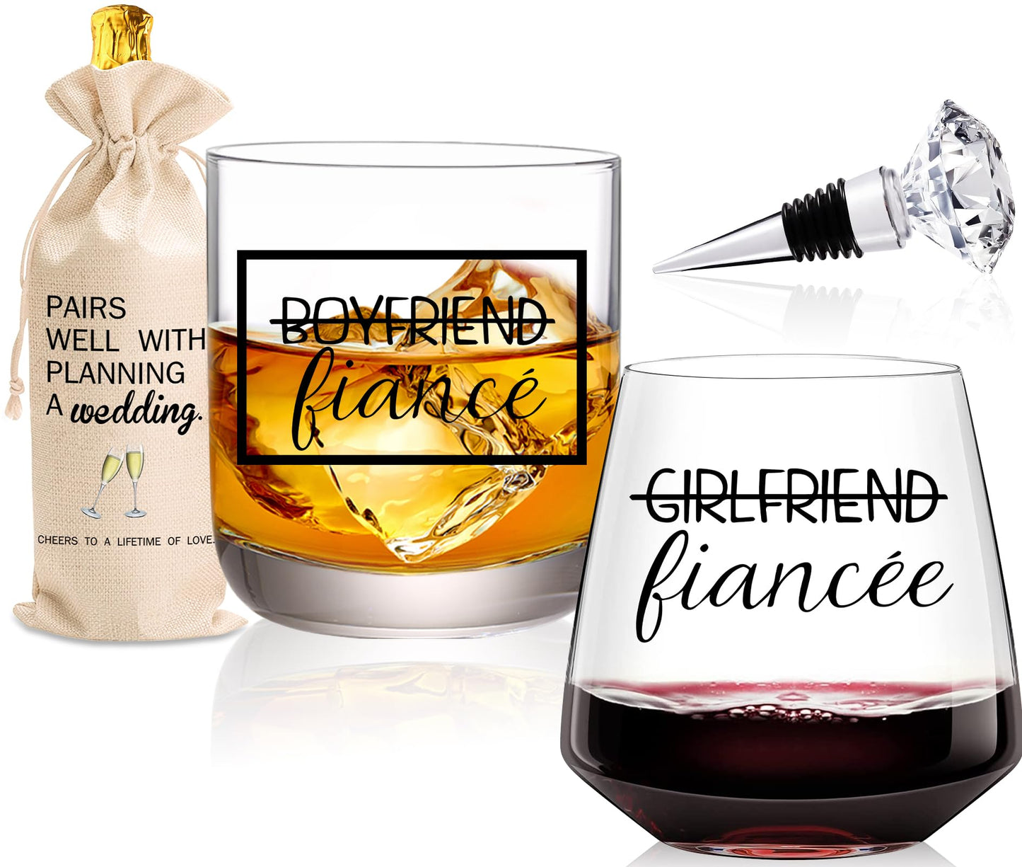 Cyrelwing Engagement Gift Set - 4 Pcs Newly Engaged Gifts for Couple, Bride, Fiance - Party Gifts With Wine Bag and Diamond Wine Stopper