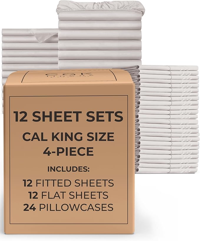Bulk Case Pack of 12 Sheet Sets - (12) Complete Sheet Sets - Bulk Cal King Bedding - Wholesale Case Pack for Hotels & Airbnbs - Deep Pocket & Wrinkle Free - Cooling & Breathable - Cal King, Light Grey