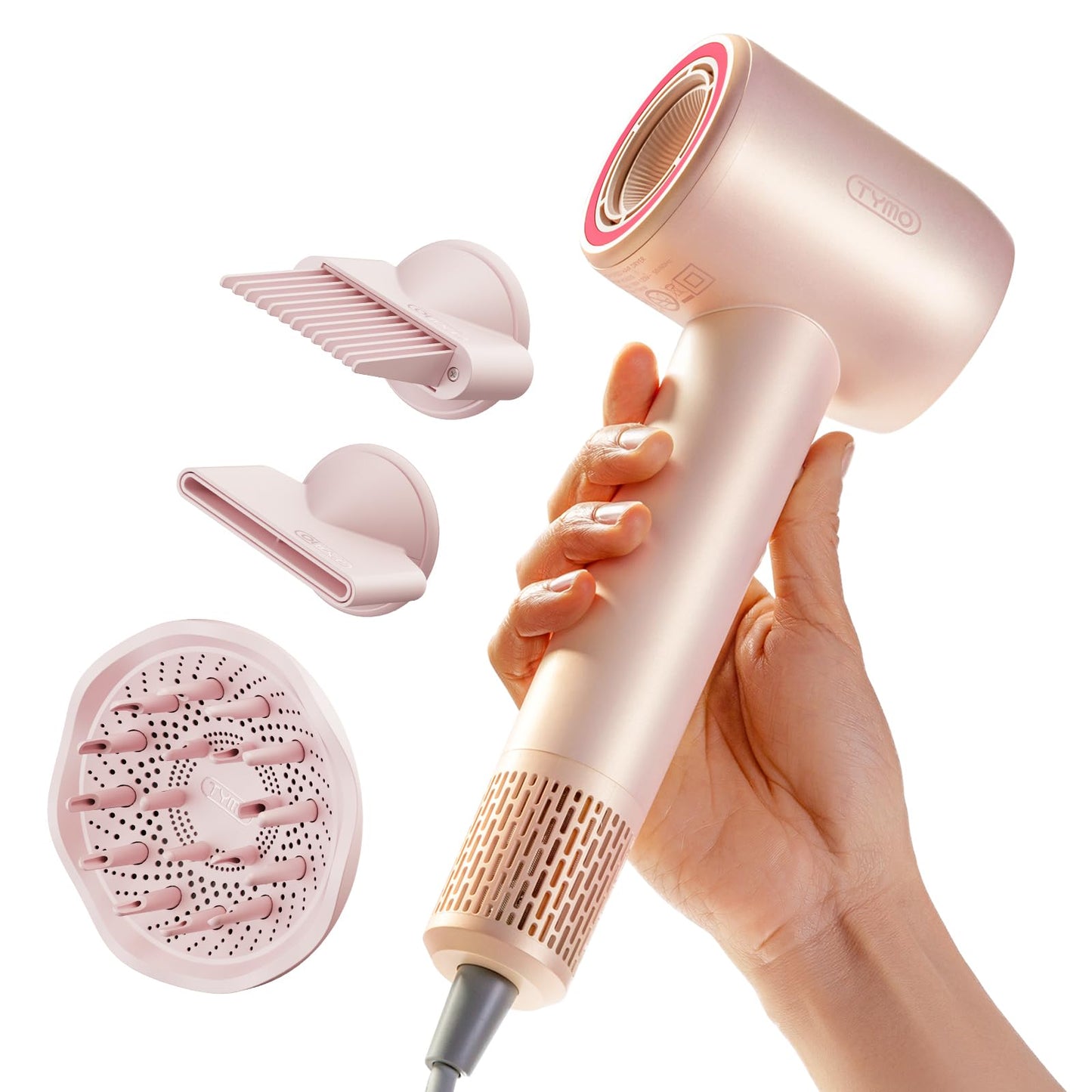 Blow Dryer with Comb, TYMO AIRHYPE Compact 200 Million lonic Hair Dryer with Diffuser, Fast Dry Pink Blow Dryer for Women 110,000RPM Portable Hairdryer for Curly Hair, 4 Temps & 2 Speeds