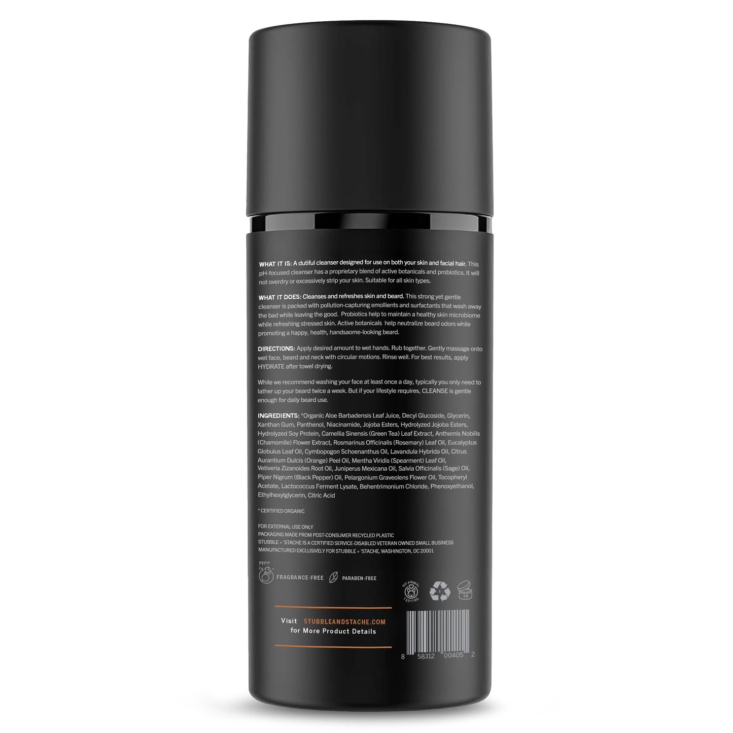 stubble & stache Face Wash and Beard Wash for Men – Daily Facial Cleanser with Niacinamide, Aloe Vera, Green Tea, and Probiotics – Fragrance-Free – 3.4 fl oz