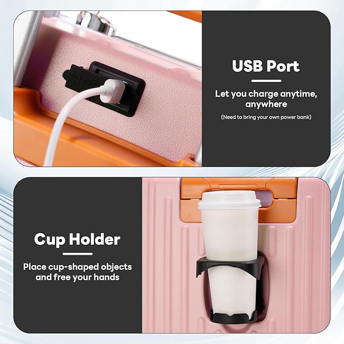 18 Inch Carry On Luggage Suitcase Locks TSA Approved Hardside Lightweight Suitcase with Cup Holder TSA Lock Carry On Luggage with USB Port Phone Holder Suitcases with 360° 8 Double Spinner Wheels