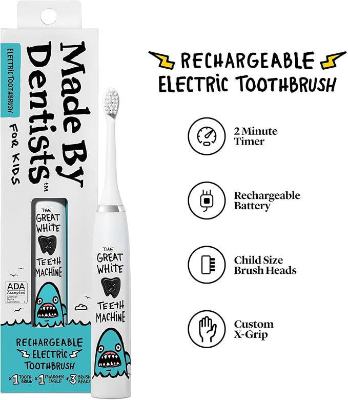 Kids Electric Toothbrush - Rechargeable Vibrating Toothbrush with Timer, Includes 6 Replacement Heads, Gently Cleans Little Teeth, for Girls and Boys, Kids & Toddlers Age 2+, Shark