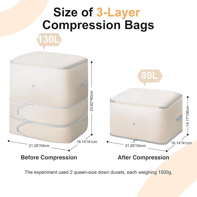 Comforter Storage Bag - 130L Large Capacity Blanket Storage Bags 3-Layer Ultra Space Saving Self Compression Organizer, Washable Compression Bags for Storage Comforter Blanket, 4-Pack, Beige