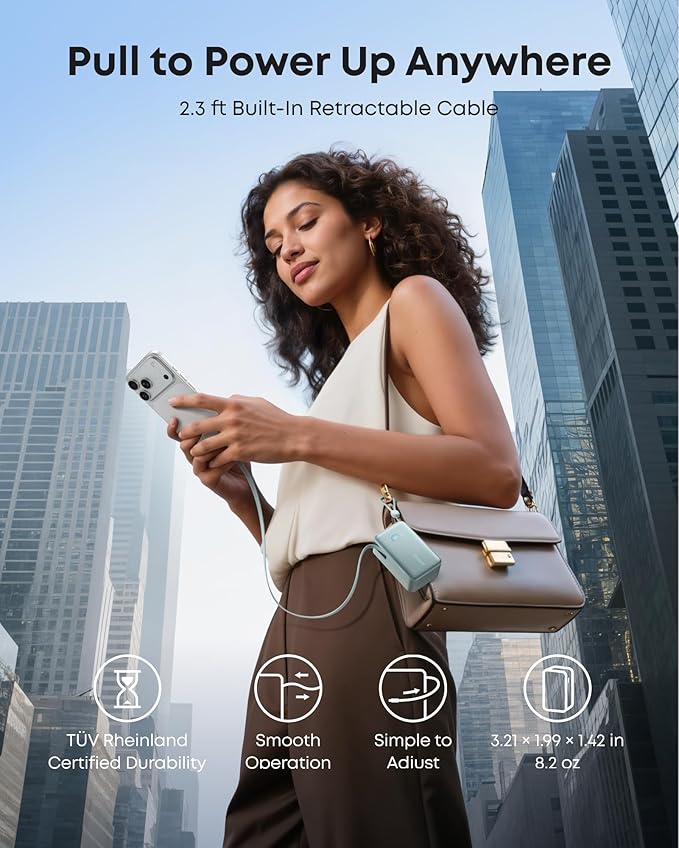 Anker Nano Portable Charger, 10,000mAh 45W Max Compact Power Bank, Travel Essential Phone Battery Pack with 2.3 ft InstaCord Retractable Cable for iPhone 17/16 Series, iPad, Galaxy, Pixel, and More