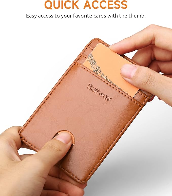 Buffway Mens Slim Wallet, Minimalist Thin Front Pocket Leather Credit Card Holder with RFID Blocking for Work Travel