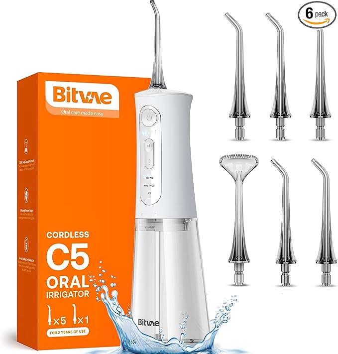 Bitvae Water Dental Flosser for Teeth, Rechargeable Water Teeth Cleaner Picks, 3 Modes 5 Intensities, IPX7 Waterproof, Oral Irrigator USB Cordless Water Dental Picks for Cleaning - Frost White