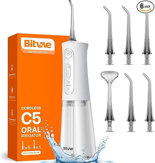 Bitvae Water Dental Flosser for Teeth, Rechargeable Water Teeth Cleaner Picks, 3 Modes 5 Intensities, IPX7 Waterproof, Oral Irrigator USB Cordless Water Dental Picks for Cleaning - Frost White