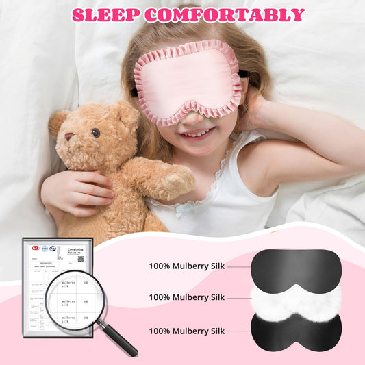 Kids Sleep Mask Eye Cover, 100% Real Mulberry Silk Sleep Mask with Adjustable Strap, Kids Blindfold for Sleeping, Boys Girls Eye Shade for Ages 5+, Soft and No Pressure (Pink)