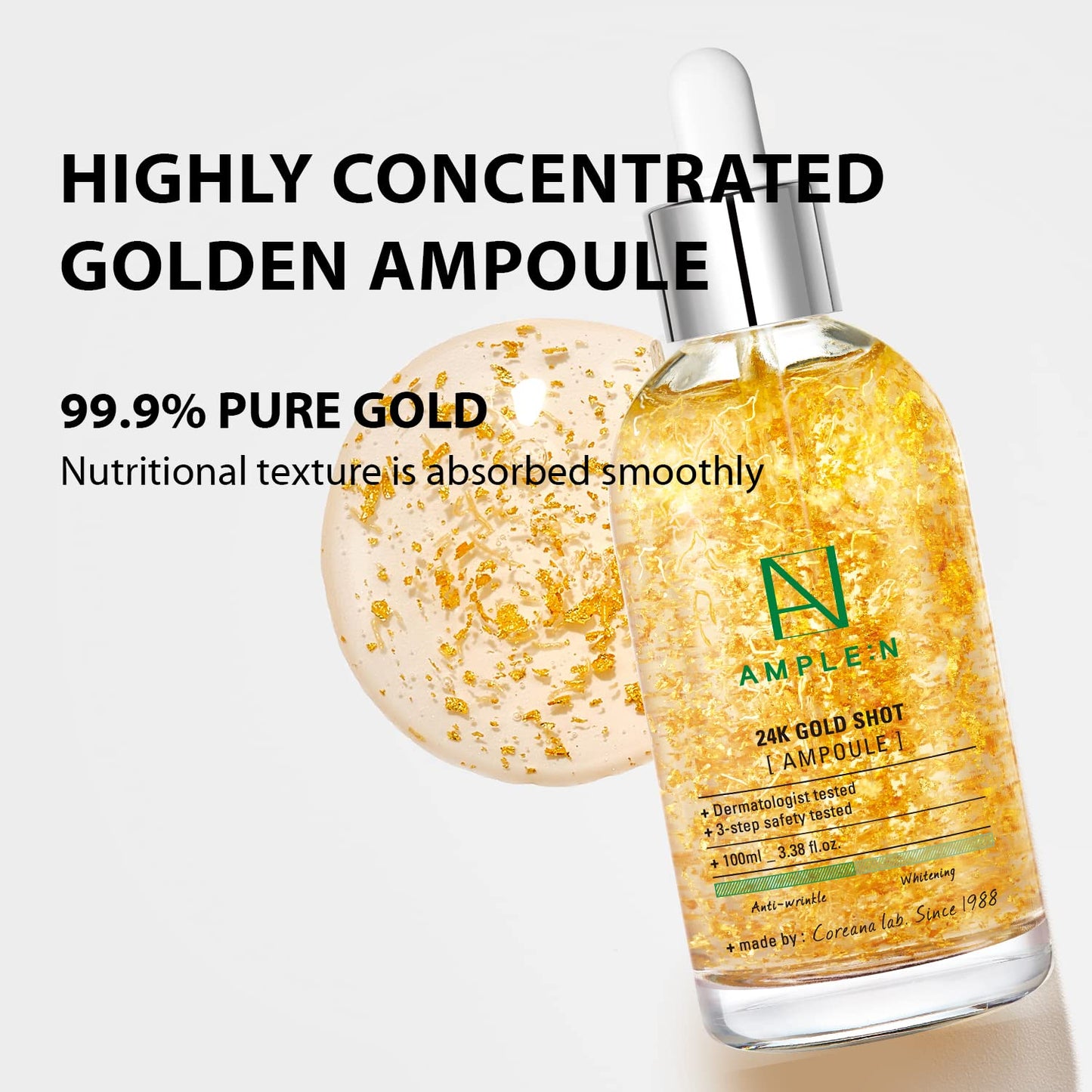 AMPLE:N 24k Gold Shot Serum - Korean 24K Gold Anti Aging Serum – Erasing Wrinkles and Fine Lines with Collagen & Peptides – Evens Skin Tone for Dull and Saggy Skin - 3.38 fl.oz.