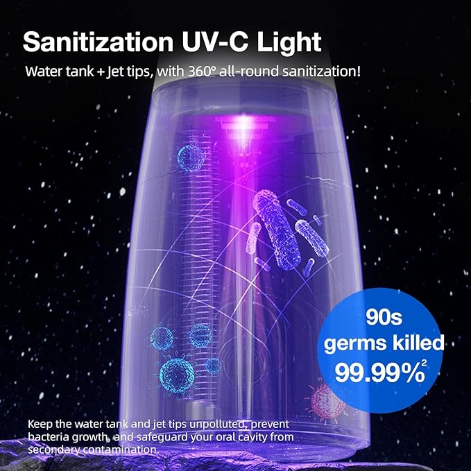 KIWIBIRD Water Dental Flosser Cordless with UVC Light, 3 Modes Portable Oral Irrigator, IPX7 Waterproof, 300ML Tank, Electric Teeth Cleaner for Tonsil Stones, Home & Travel Use (Black & White)