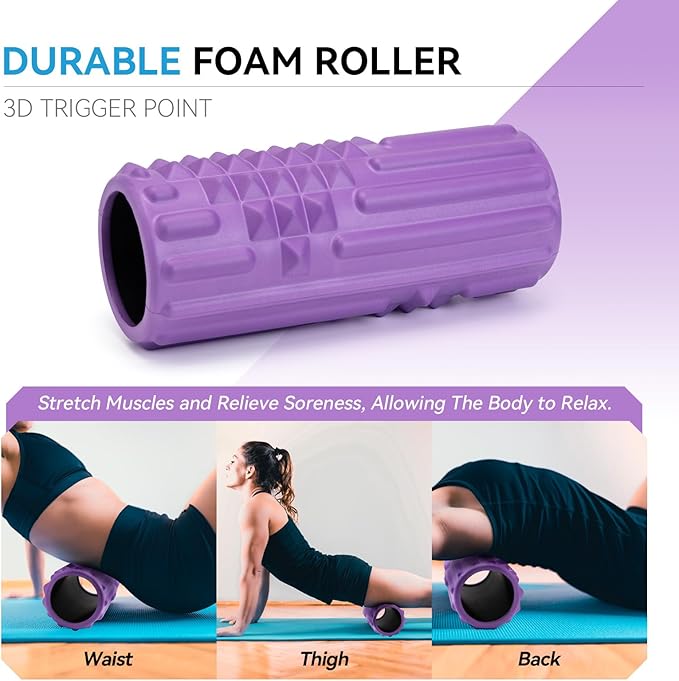 5 in 1 Foam Roller Set, High Density Fitness Exercise Foam Roller for Deep Tissue Muscle Massage, Massage Roller, Massage Ball, Resistance Band, for Whole Body(Purple)