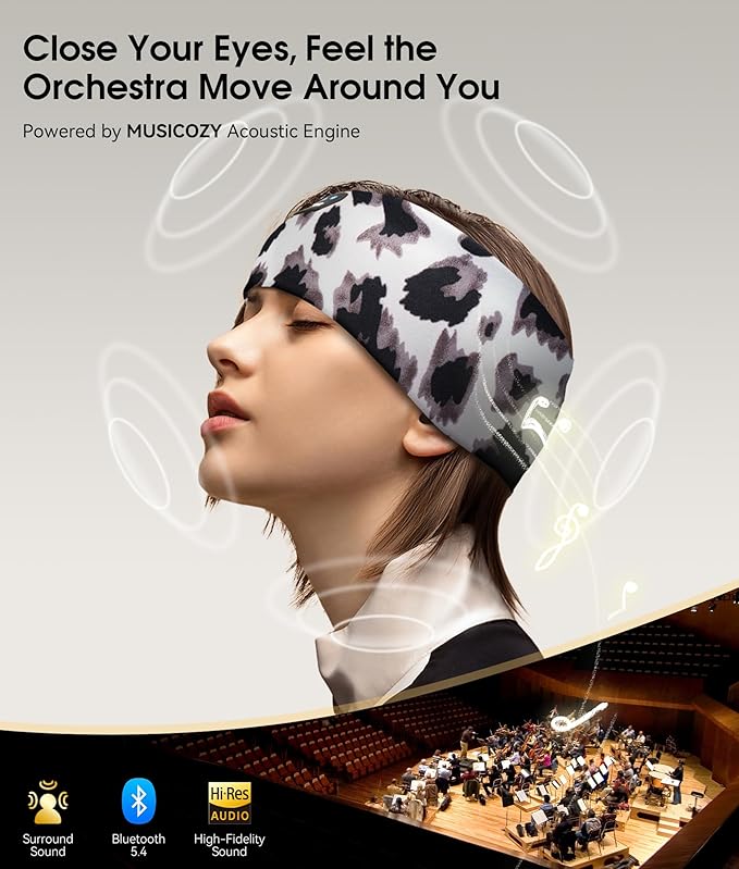 MUSICOZY Sleep Headphones Bluetooth 5.4 Headband, Wireless Earphones Music Sleep Earbuds Sleeping Eye Mask with HD Stereo Speakers for Workout Running Travel Yoga, Ideal Gifts for Women Men