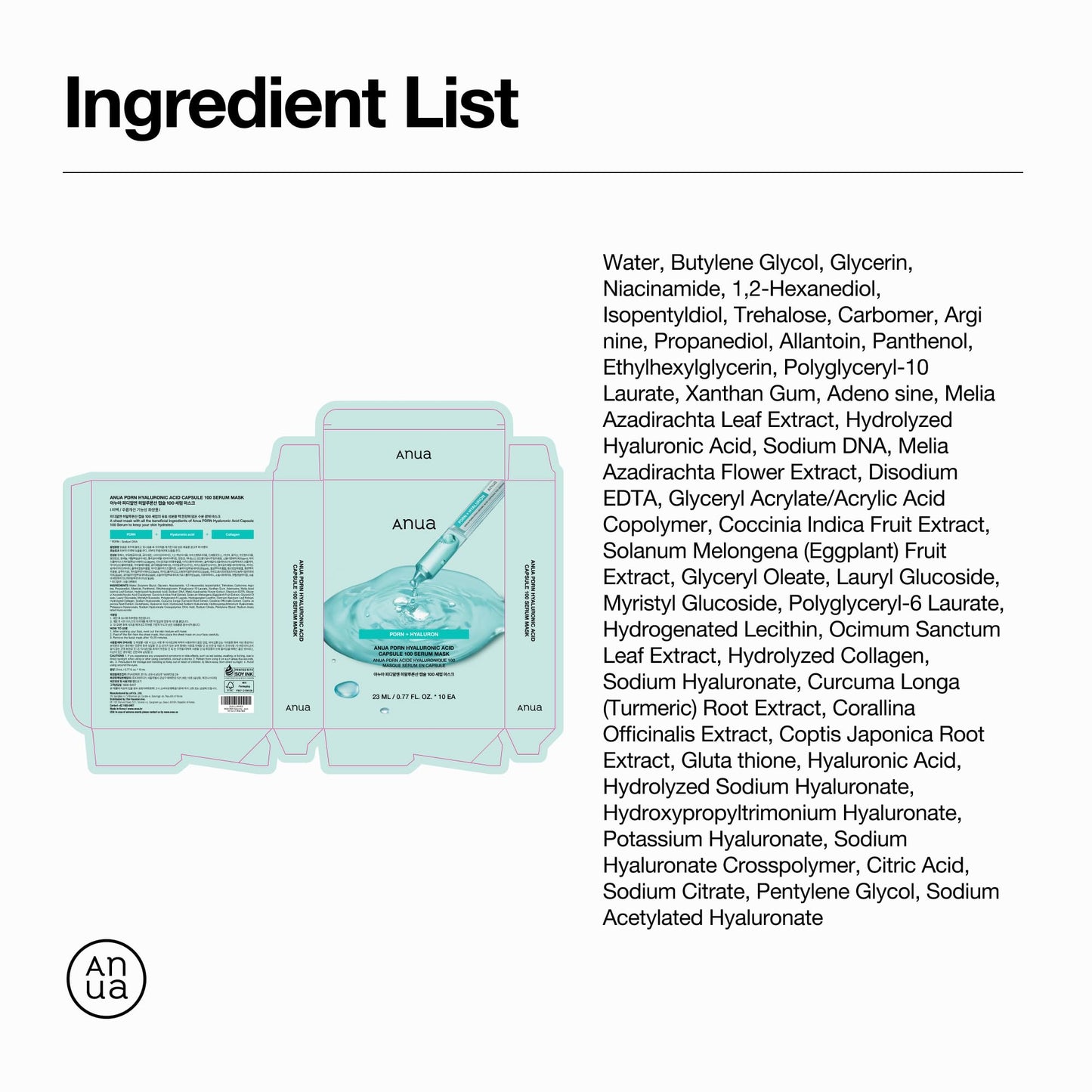 ANUA PDRN Hyaluronic Acid Capsule 100 Serum Mask, everyday glow korean sheet mask with Salmon PDRN, Hyaluronic acid, Collagen, Self home care facial mask for glass skin, Korean skin care (10EA)