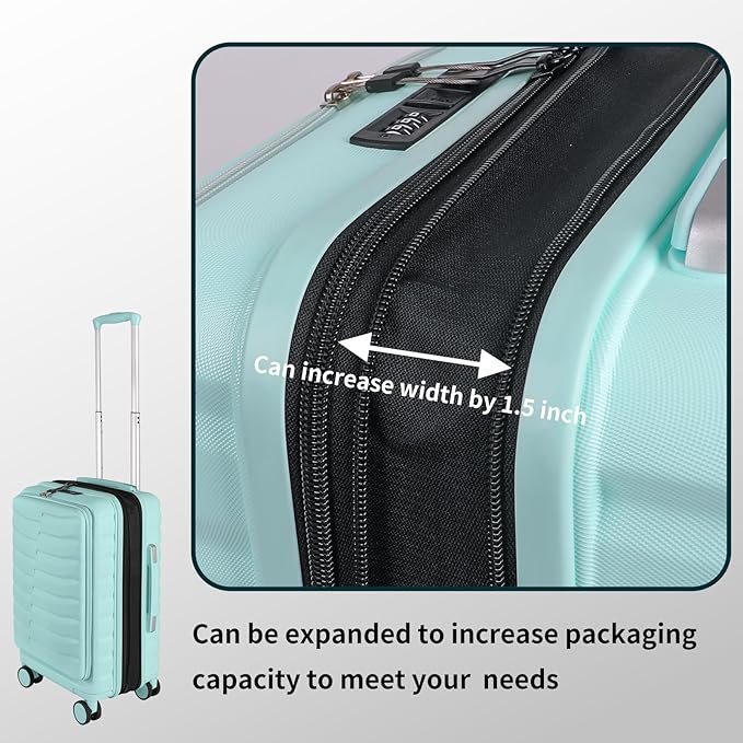 22×14×9 Airline Approved Carry On Luggage with Front Open Pocket Expandable, Spinner Wheels, ABS+PC Hardshell Small 20inch Suitcase with Protective Cover and Luggage Tag, Mint Green