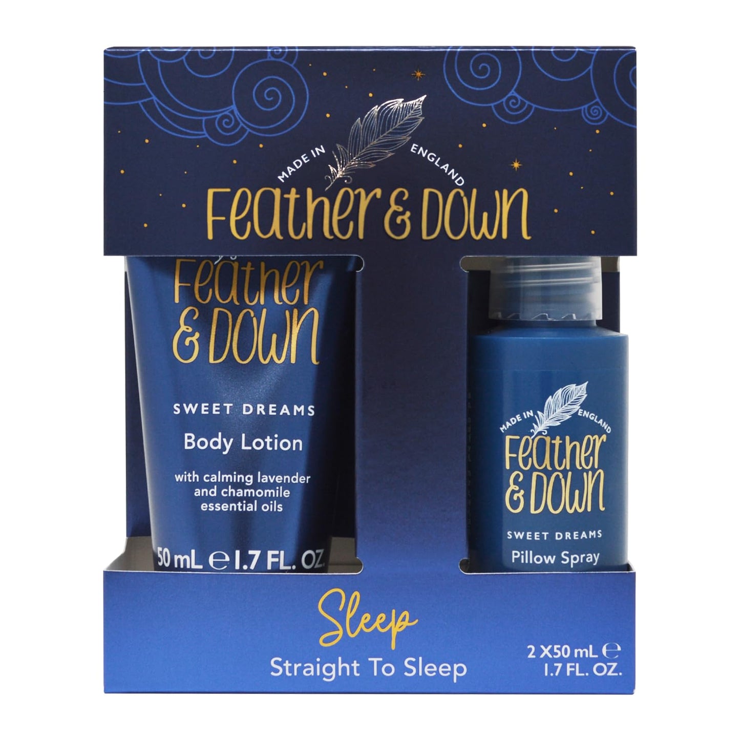 Feather & Down Straight to Sleep Gift Set (50ml Pillow Spray & 50ml Body Lotion) - The perfect sleep duo, infused with lavender & chamomile essential oils. Vegan Friendly & Cruelty Free.