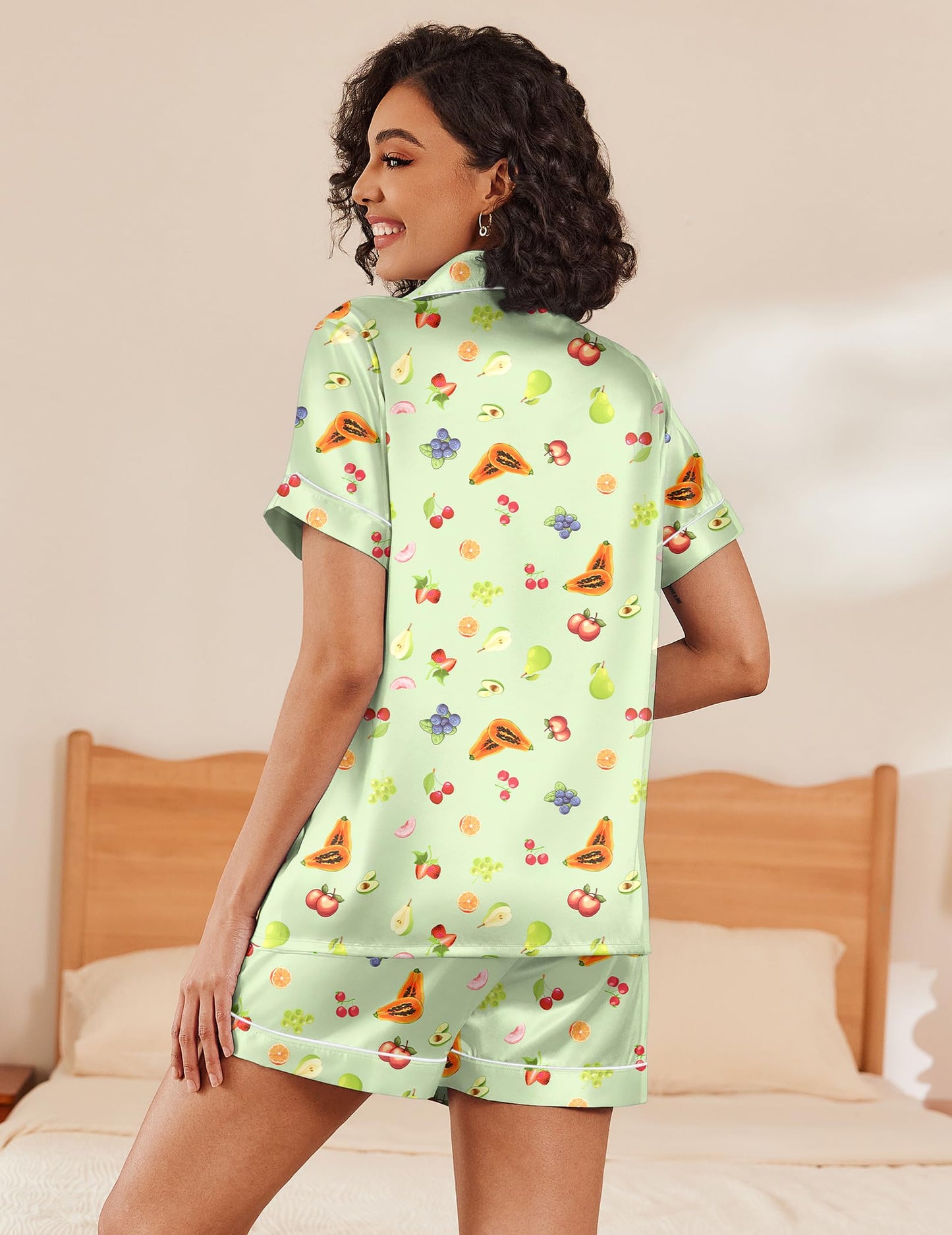 Ekouaer Satin Pajama Set for Women Comfy Short Sleeve Silk Sleepwear Button Up 2 Piece Pjs Shorts Set Bridal Gift,Green Fruit,M