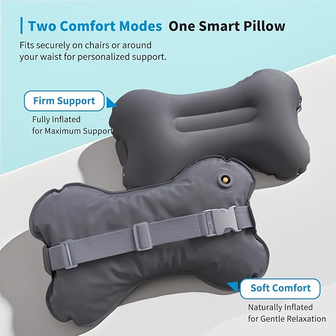 Mixtrend Travel Lumbar Pillow Inflatable Lumbar Support Pillow with Memory Foam, Back Support Pillow for Airplane Long Flight, Essential Travel Support Pillow for Women Men Kids（Chrcoal Grey）