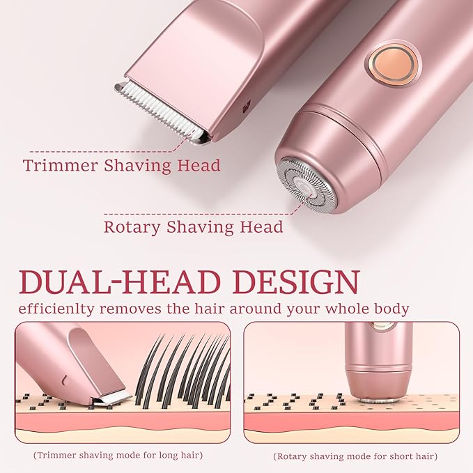 2 in 1 Bikini Trimmer for Women: Electric Razor & Shaver with Dual Heads for Body Pubic Hair - Rechargeable Lady Facial Trimmer for Underarm Leg Arm Body Face