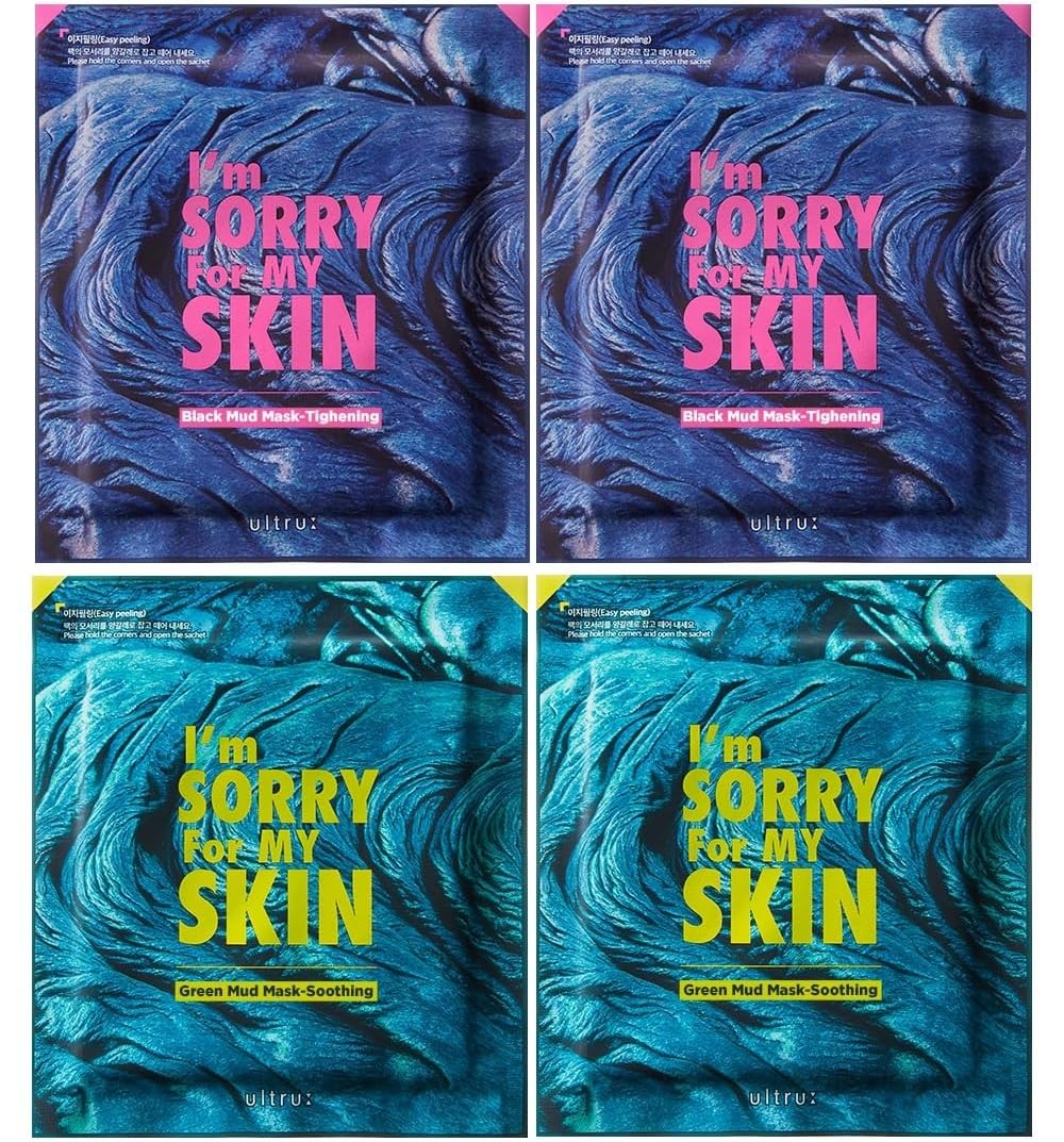 I'M SORRY FOR MY SKIN Bentonite Clay Mud Sheet Masks Set, Korean Skin Care, Exfoliating Face Masks with Volcanic Ash, Sebum Control, Pore Minimizer, Tightening, Soothing (Black 2pcs & Green 2pcs)