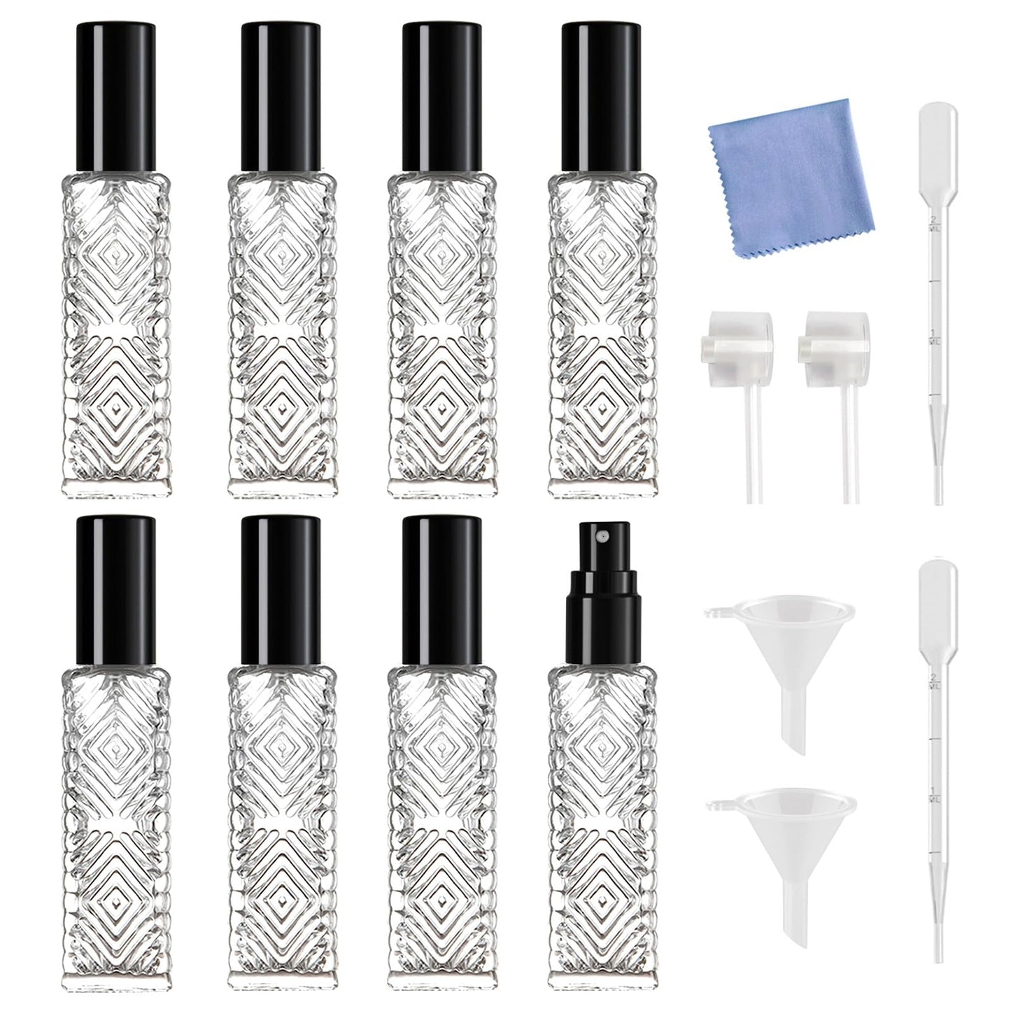 AGENIZ 8-Piece Mini Atomizer Set, Refillable Square Glass Bottles, Travel Essential Oil & Perfume Spray Bottles, with Dispenser (15ML/Black)