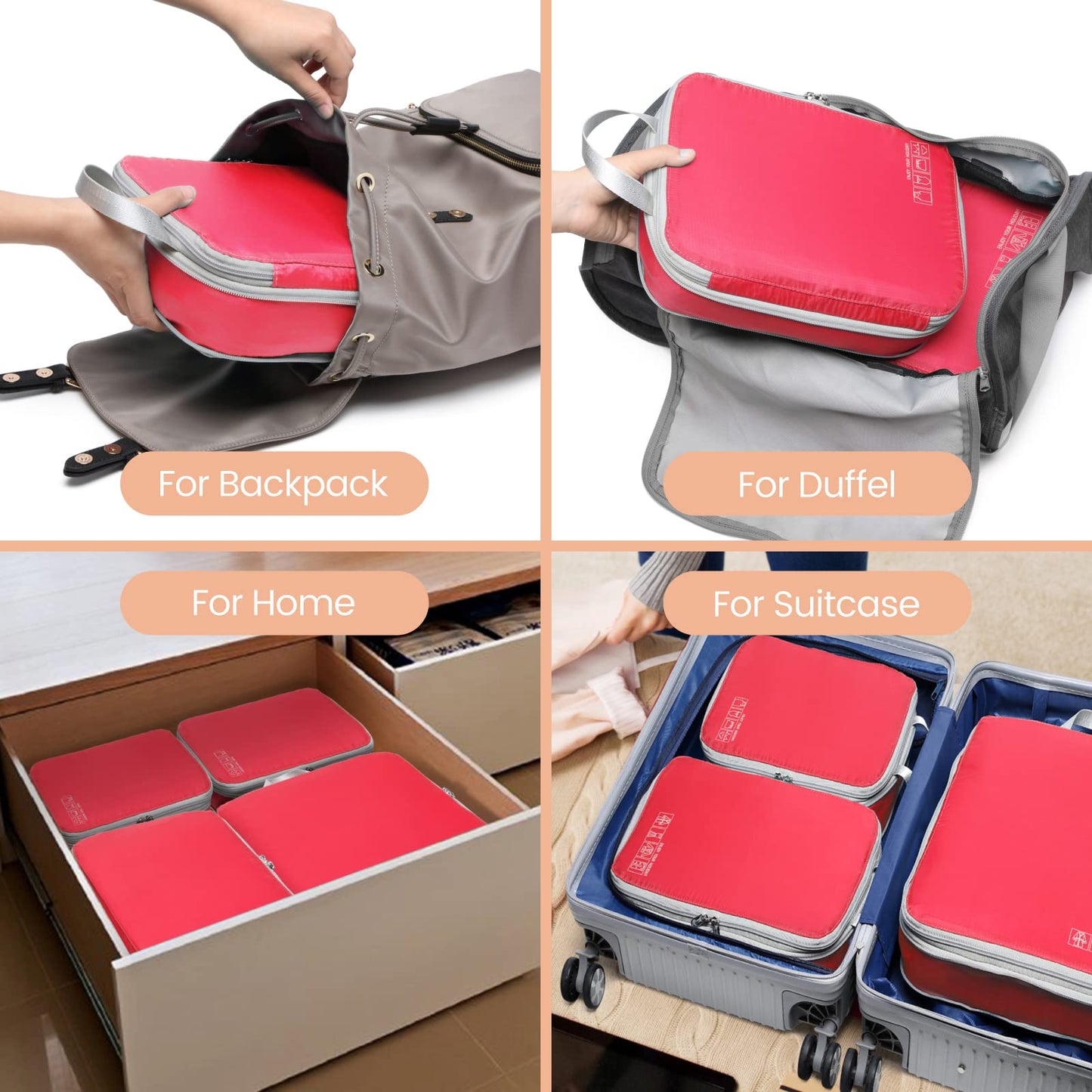 Cambond Compression Packing Cubes for Travel, 4 Pack Luggage Packing Organizers Travel Essentials Bags Compression Cubes for Carry on Suitcases, Watermelon Pink