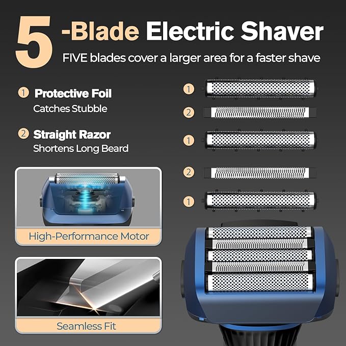 5-Blade Cordless Electric Razor for Men, 2-Speed Electric Shavers for Men Face, Close Shaving Men's Foil Shaver for Coarse Hair Wet/Dry USB-C Fast Charging &100 Min Runtime - Travel-Ready & Giftable