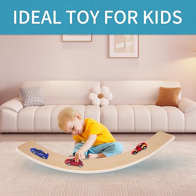 Balance Board, 32 Inch Wooden Wobble Board, Montessori Rocker Yoga Curvy Board Natural Wood, Open Ended Learning Toy, Sensory Play Equipment for Office & Classroom, Multiple Colors