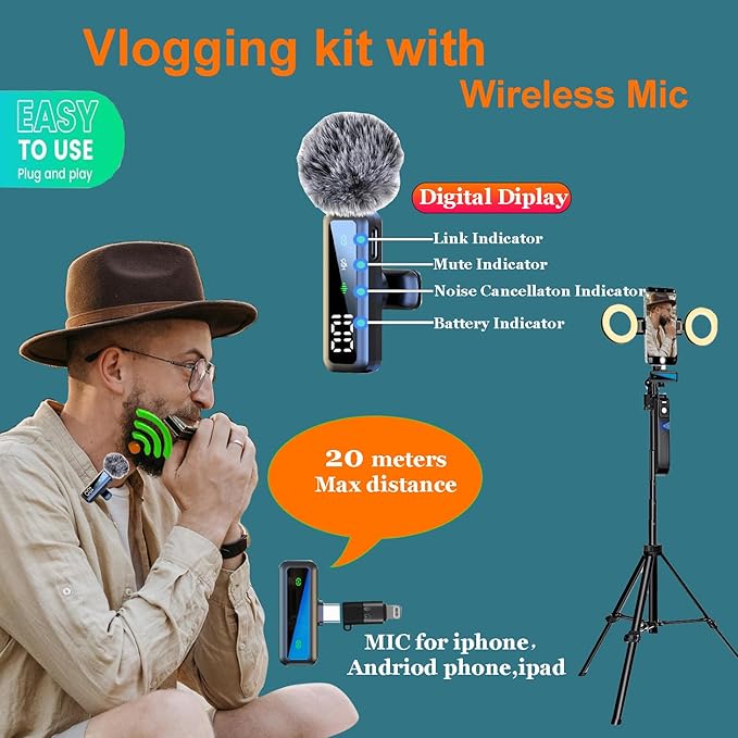 70.9” Auto Face Tracking Tripod for iPhone Anriod Phone,Vlogging Kit for iPhone,Content Creator Essentials,with Light / 360 Rotatable Tripod/Wireless Microphone/Remote