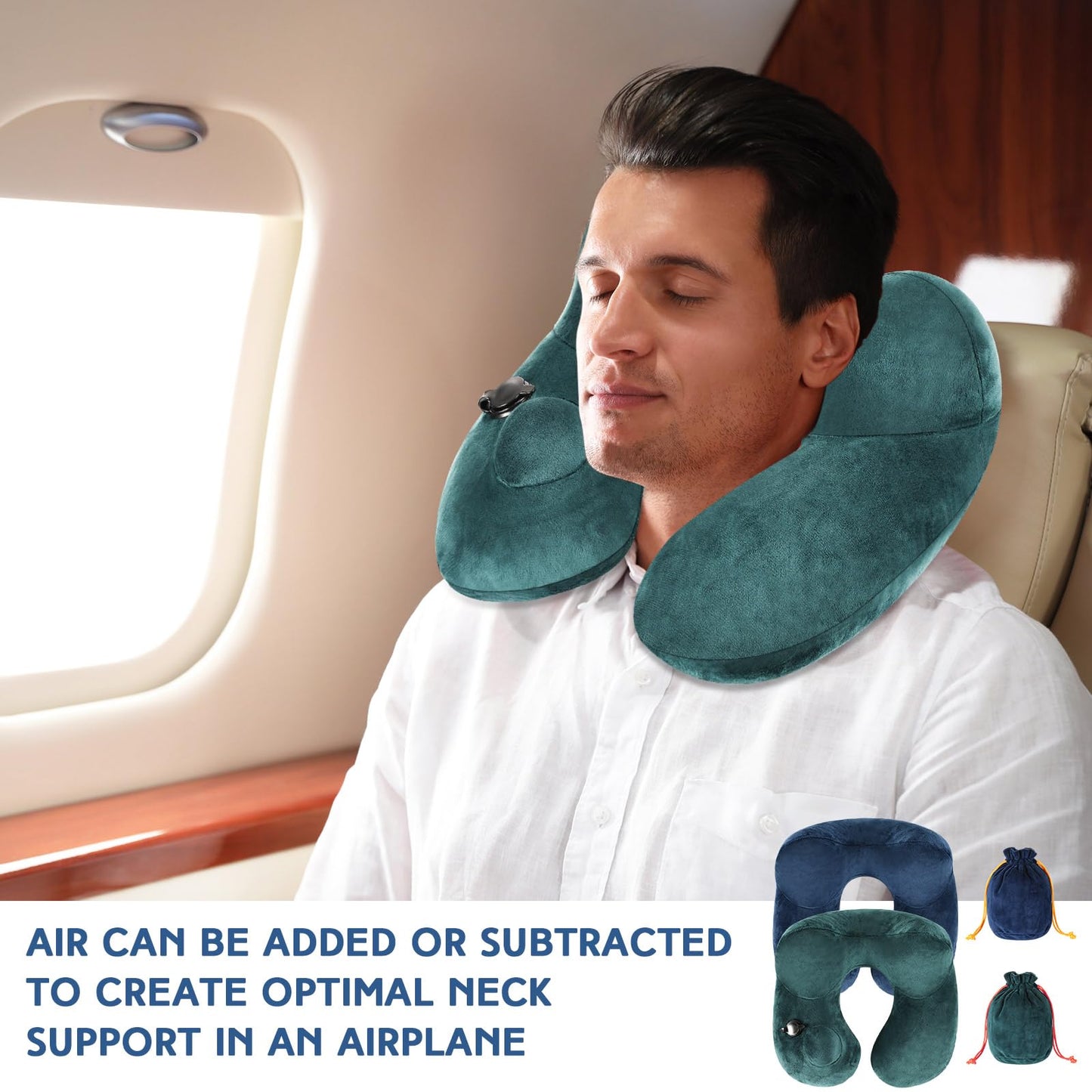 Xtinmee 2Pcs Self-Inflatable Pillow Soft Airplane Travel Pillow with Compact Bag for Long Flight Neck Cushion for Head Support Car Home Office 12.2x11.81x5.91in(Peacock Green, Blue)