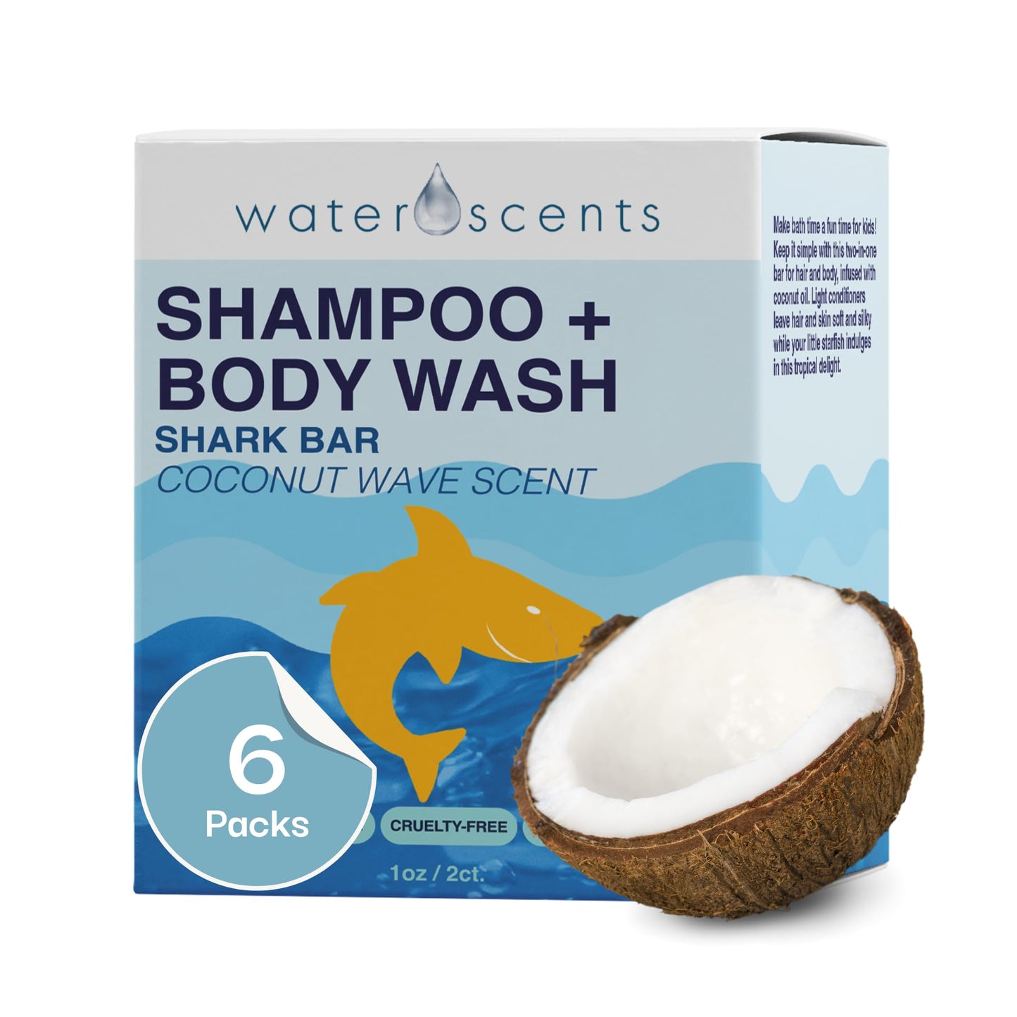 Water Scents 2-in-1 Shark Bar Shampoo & Body Wash – Coconut Wave | Natural, Vegan, Moisturizing Bar Soap for Hair & Skin | Solid, Travel-Friendly, USA Made | 6 Packs