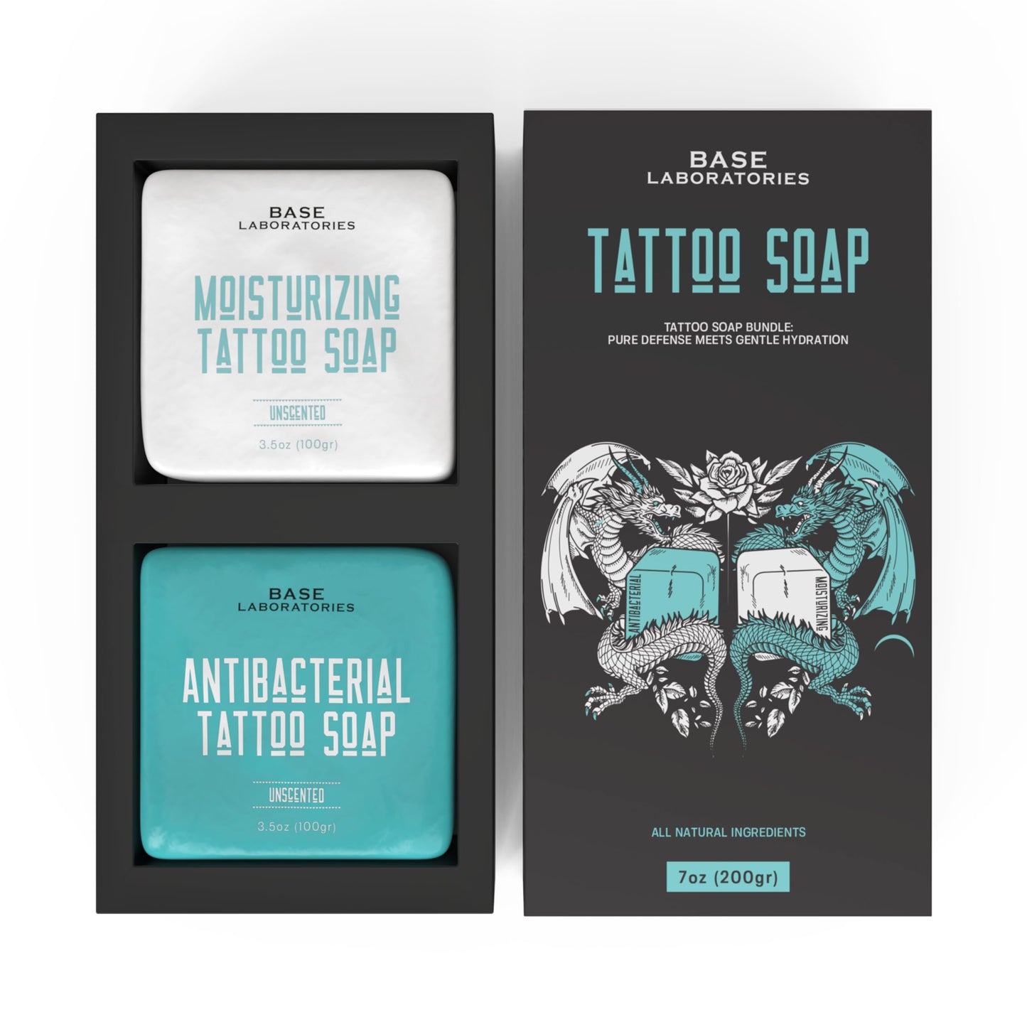 Base Laboratories Tattoo Soap Bars - Antibacterial & Moisturizing Tattoo Care Kit, Gentle & Unscented - Tattoo Soap Antibacterial Bars - Heal, Clean & Moisturize - All Skin Types, 3.5 oz Bars x 2