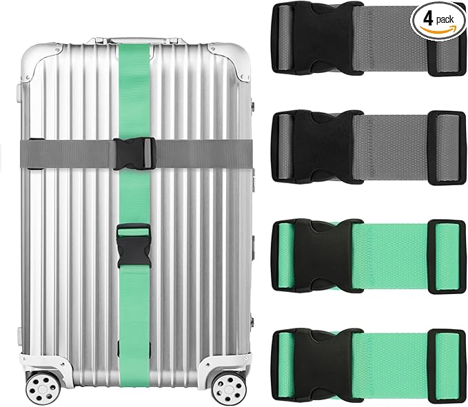 4 Pack Luggage Straps for suitcases-4 pcs Extra Long Suitcase Straps TSA Approved Luggage Belt with Buckle, Adjustable Travel Belt for Luggage for 20'' - 32'' Suitcases (Mint Green and Grey)