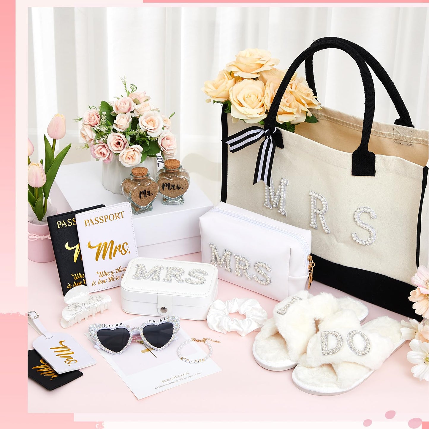 Dansydaisy 14 Pcs Bridal Shower Gifts Set Including Mrs Mr Travel Passport Tag Tote Cosmetic Bag Jewelry Box Claw Hair Clip Hair Tie Heart Sunglasses for Honeymoon Wedding Supplies(Women 7-8)